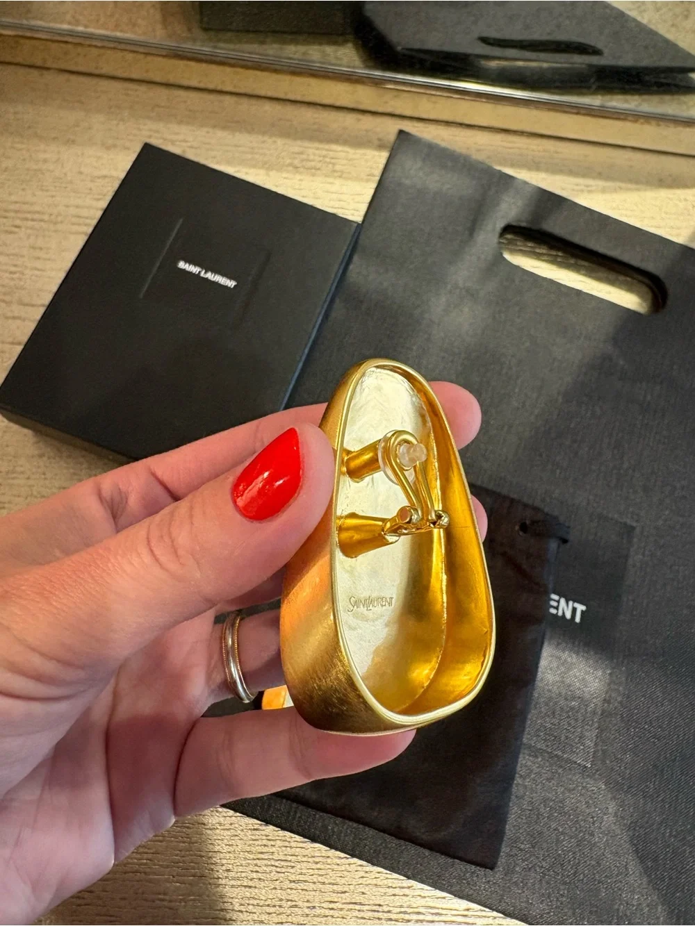 SAINT LAURENT Cabochon Clip-On Earrings Gold Tone Metal Green Resin Gemstone - Picture 7 of 16
